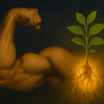 Massive bicep with Ashwagandha plant growing out of it, symbolizing strength and natural testosterone boost