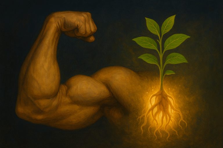 Massive bicep with Ashwagandha plant growing out of it, symbolizing strength and natural testosterone boost